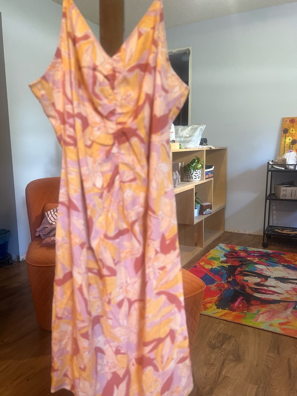 Nine West Pink and Yellow Printed Midi Slip Dress